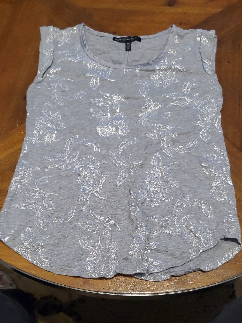 White House Black Market Silver Floral Foil Light Gray Scoop Tank